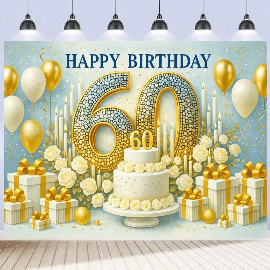 1件套60岁生日派对主题背景横幅，包含三层白色蛋糕、玫瑰和蜡烛，礼盒设计，适用于派对装饰、节日装饰、婚礼、生日、周年纪念装饰、庭院、花园、客厅装饰