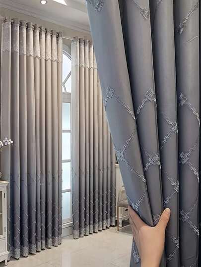 1pc [Punched Holes] European Style Double-Layer Blackout Curtain, Sheer Voile + Blackout Lining 2-In-1, 3D Metallic Embroidered Flowers, Punched Holes For Easy Installation, Suitable For Bedroom/Living Room/Dining Room/Master Bedroom/Guest Room/Balcony Sliding Door, Blackout, Thermal Insulation, UV Protection
