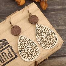 Natural Wooden Teardrop Earrings | Boho Hollow Design - Beige - View 6