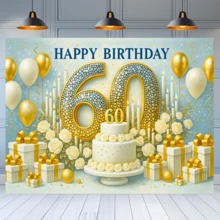 1pc 60th Birthday Party Theme Backdrop Banner With Three Tier White Cake, Roses And Candles, Gift Box Design, Suitable For Party Decoration, Holiday Decoration, Wedding, Birthday, Anniversary Decoration, Patio, Garden, Living Room Decoration - A - View 8