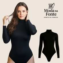 Women's Basic Second Skin Bodysuit Set With High Neck And Long Sleeves - High Fashion Blogger Style - 1 Piece (Black) - View 7