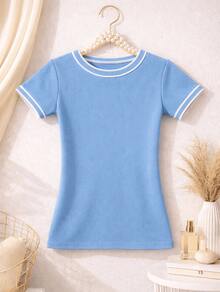 Women's Basic Short-Sleeve Blouse In Plain Ribbed Fabric With Round Neck And Neck And Sleeve Details - Celeste - Ver 1