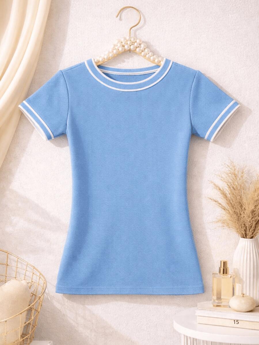 Women's Basic Short-Sleeve Blouse In Plain Ribbed Fabric With Round Neck And Neck And Sleeve Details - Celeste - Ver 1