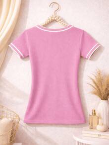 Women's Basic Short-Sleeve Blouse In Plain Ribbed Fabric With Round Neck And Neck And Sleeve Details - 淺粉色 - 查看 2