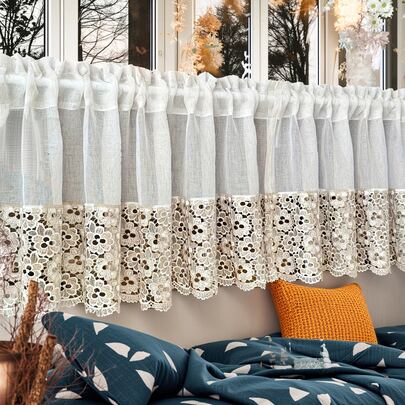1pc Vintage Lace Embroidered Sheer Curtain Panel - Floral Pattern, 100% Polyester Fabric, Rod Pocket Design, Semi-Transparent Kitchen Window Decor, Farmhouse Style Home Decor | Floral Embroidery | Curtain