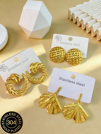 Solid Stainless Steel Earrings, Stainless Steel Jewelry, Women's Earrings, Pituitary Earrings, Gold-Plated Hinge Round Earrings, Bamboo, Texture, Diamond-Cut, Hexagonal, Square, Round, Butterfly Shape, Design, Solid Hypoallergenic Earrings Suitable For Sensitive Ears, Women's Charm Accessories, Middle Eastern Fashion Jewelry, Ramadan Decorative Jewelry And Accessories, Party And Festival Gifts (1/3 Pairs)