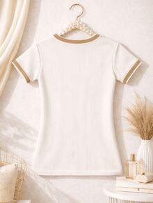 Women's Basic Short-Sleeve Blouse In Plain Ribbed Fabric With Round Neck And Neck And Sleeve Details - Off - View 2