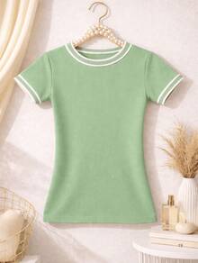 Women's Basic Short-Sleeve Blouse In Plain Ribbed Fabric With Round Neck And Neck And Sleeve Details - Baby Green - View 3