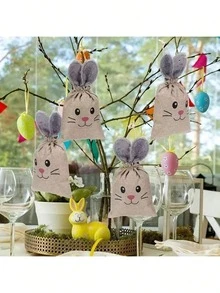 1/3/5pcs Linen Drawstring Bags, Rabbit Ear Fantasy Rabbit Design Easter Egg Gift Bags, Reusable And Practical - J-Multicolor - View 4