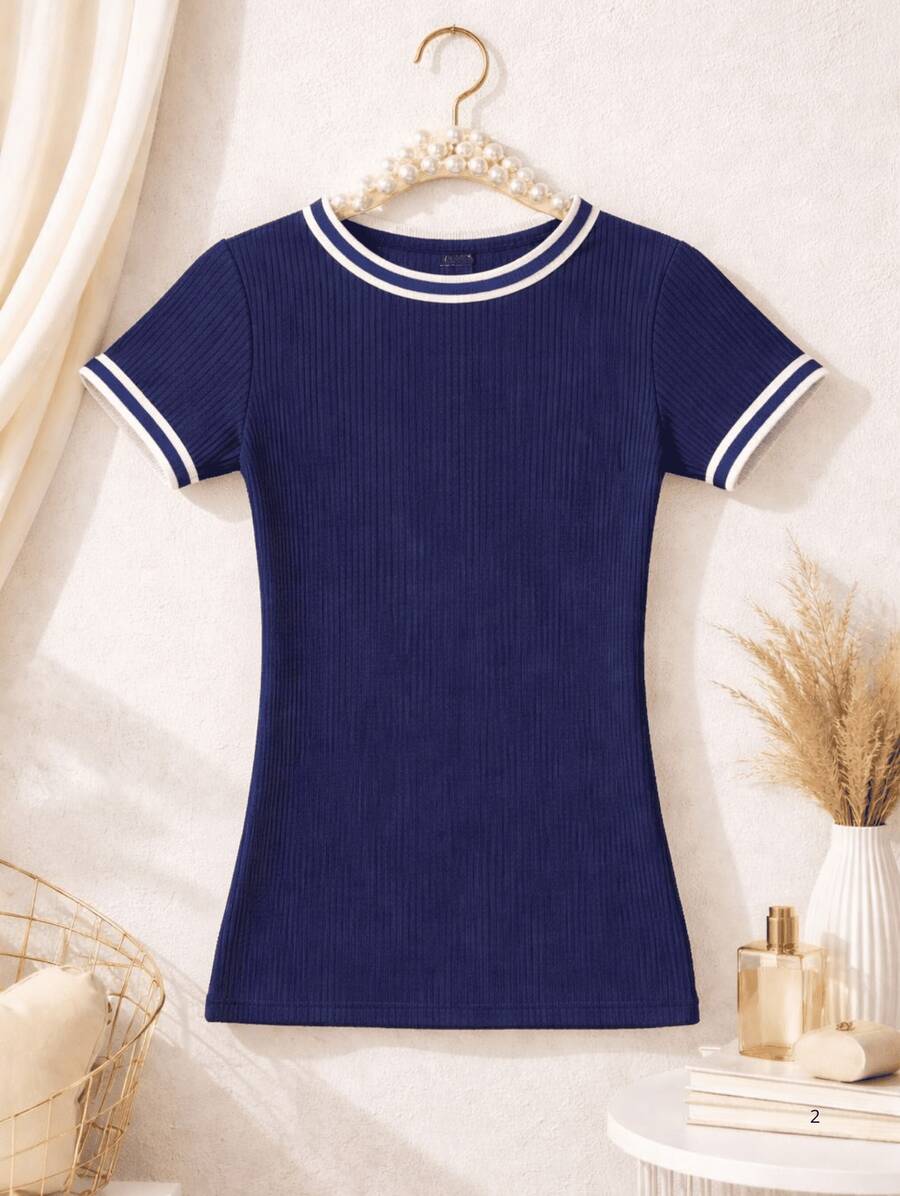 Women's Basic Short-Sleeve Blouse In Plain Ribbed Fabric With Round Neck And Neck And Sleeve Details - Navy Blue - View 1
