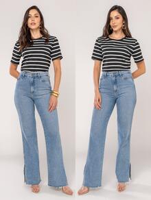 Women's Ribbed Striped Short-Sleeve Round Neck Blouse - Casual, Comfortable, Everyday Fashion - Màu đen với sọc trắng - Xem 3