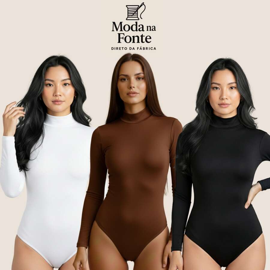 Women's Basic Second Skin Bodysuit Set With High Neck And Long Sleeves - High Fashion Blogger Style - 三件組(黑色+白色+棕色) - 查看 1