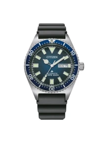 CITIZEN Reloj de pulsera elegante y práctico, con las siguientes características: Caja de acero inoxidable (acabado mate), bisel giratorio de buceo de cerámica azul (marcas luminosas), esfera (con manecillas luminosas, indicador de fecha y sincronización de hora atómica), correa de goma negra - Azul - Ver 5