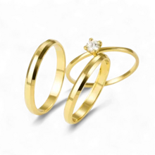 Pair Of 3mm Gold Wedding Bands + Diamond Solitaire | Couple's Engagement Rings In Premium 316L Stainless Steel | Luxury Design | Does Not Tarnish - Gold - View 3