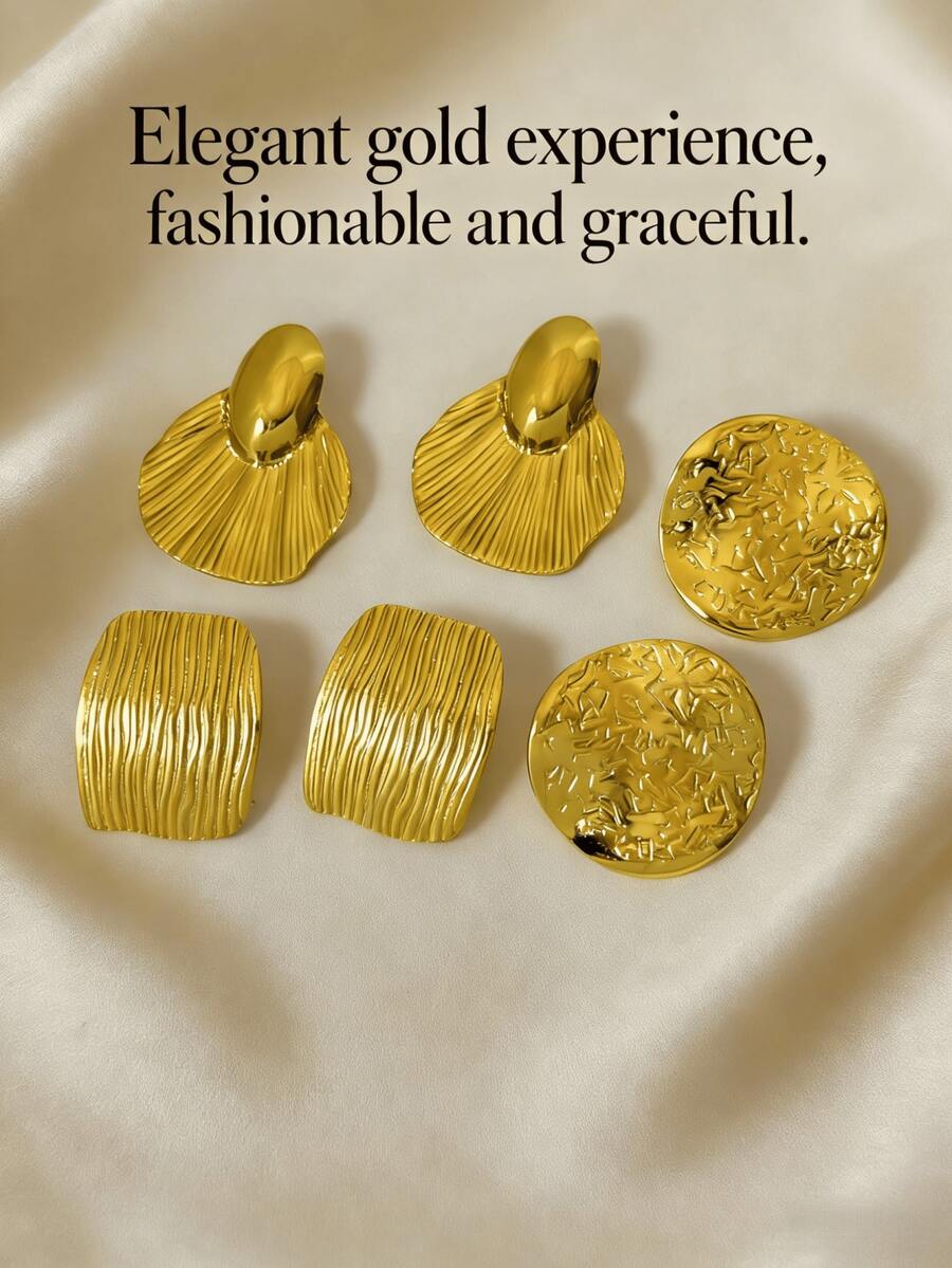 6-Piece Set Of Elegant Gold Earrings Stainless Steel Material Multi-Element Design Elegant Style Hypoallergenic Stainless Steel Studs Perfect Gift For Besties - Multicolor - View 1