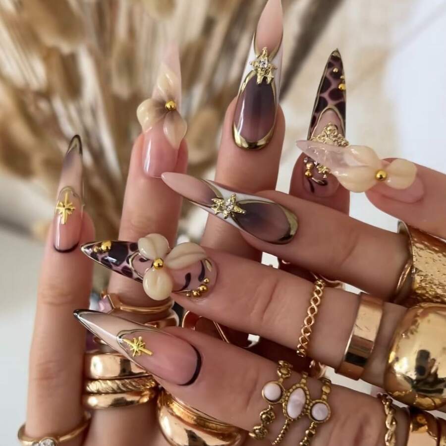 NailChic 10 PCS Handmade Stiletto Press-On Nails | Baroque Molten Gold & Tortoiseshell Luxury Nails, 3D Sculpted Cream Floral & Gilded Texture Statement Art - 彩色 - 查看 1