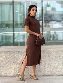 Women's High Neck Midi Dress, Loose Fit, Plus Size, Cotton, Side Slits, Modest, Suitable For Church, Worship, Grandma/Aunt, Everyday Wear - 鏽棕色 - 查看 1