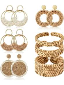 Yanxyad Handmade Raffia Rattan Earrings Bracelet Set For Women, Include 4 Pairs Bohemian Round Drop Dangle Hoop Earrings 3 Pcs Woven Straw Wicker Braid Cuff Bangle Bracelets For Summer Vacation Beach - Multicolor - View 6