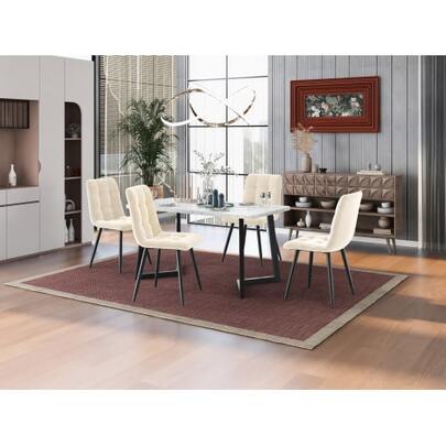 117cm Dining Table With 4 Chairs, Rectangular Table, Modern Kitchen Table Set, Beige Velvet Chairs, Black Table Legs.