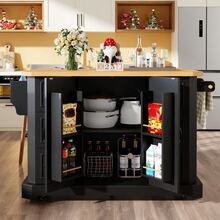 Mobile Kitchen Island Unit, Cabinet, Kitchen Trolley On Wheels, 2 Doors, 6 Drawers, Dimensions: 120x45 (75) X 91 Cm, White/Black - Black - View 5