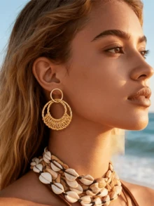 Yanxyad Handmade Raffia Rattan Earrings Bracelet Set For Women, Include 4 Pairs Bohemian Round Drop Dangle Hoop Earrings 3 Pcs Woven Straw Wicker Braid Cuff Bangle Bracelets For Summer Vacation Beach - Multicolor - View 9