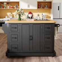 Mobile Kitchen Island Unit, Cabinet, Kitchen Trolley On Wheels, 2 Doors, 6 Drawers, Dimensions: 120x45 (75) X 91 Cm, White/Black - Black - View 9