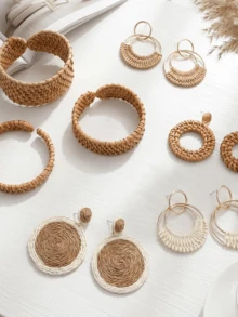 Yanxyad Handmade Raffia Rattan Earrings Bracelet Set For Women, Include 4 Pairs Bohemian Round Drop Dangle Hoop Earrings 3 Pcs Woven Straw Wicker Braid Cuff Bangle Bracelets For Summer Vacation Beach - Multicolor - View 2