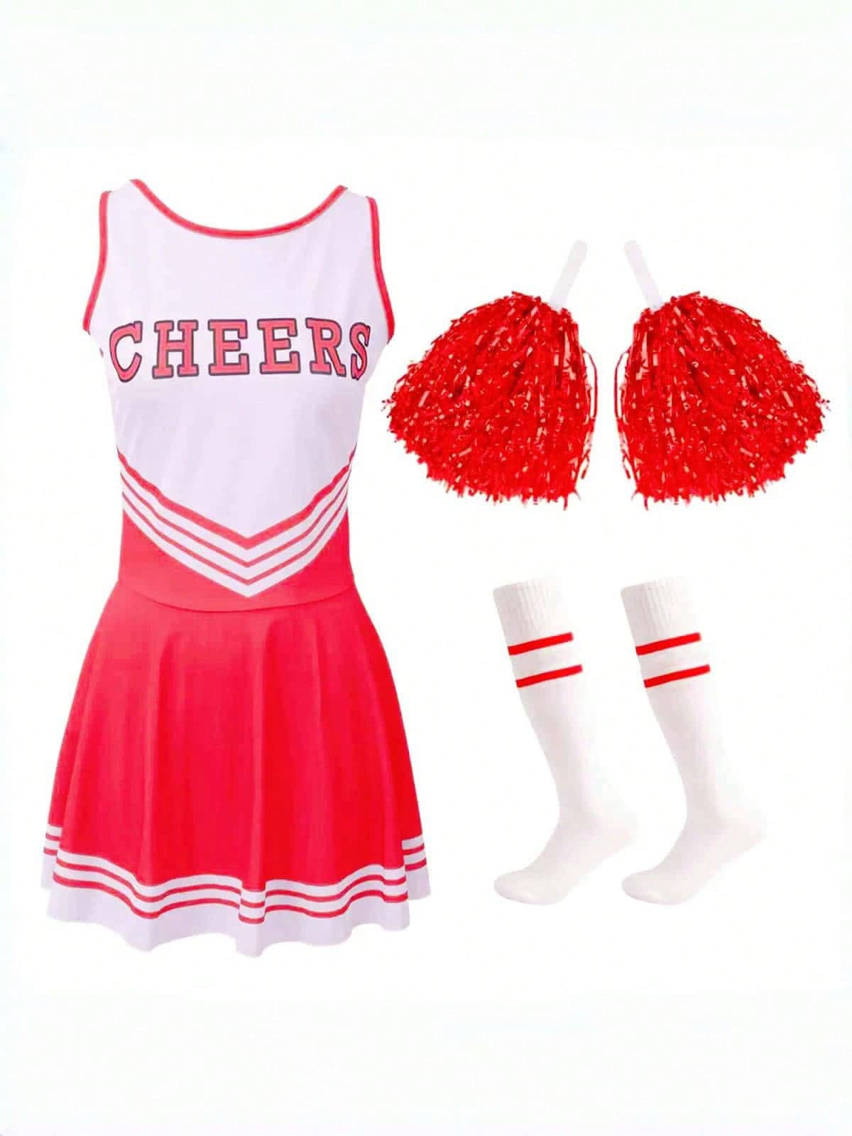3pcs Cheerleader Performance Outfit Set (Dress, Pom Pom, Socks), Football Girl Gymnastics Bodycon Dress, Fashionable Cute Sexy Lingerie - Red - View 1