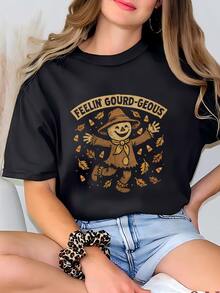 Camiseta De Feelin Gourd-geous| Curiosidad Scarecrow Fall Tee| Otoño Pumpkin Patch Outfit Camiseta - Negro - Ver 1