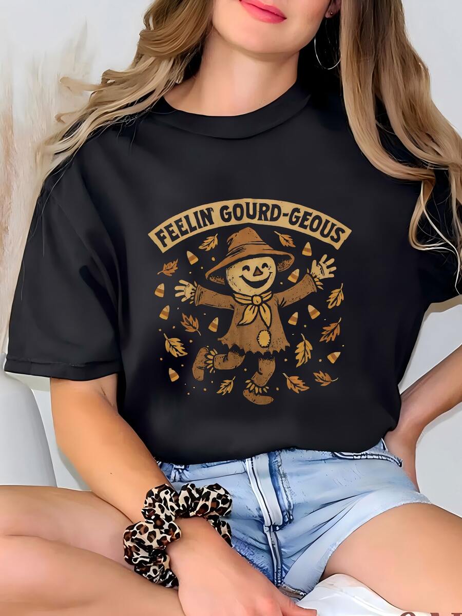 Camiseta De Feelin Gourd-geous| Curiosidad Scarecrow Fall Tee| Otoño Pumpkin Patch Outfit Camiseta - Negro - Ver 1