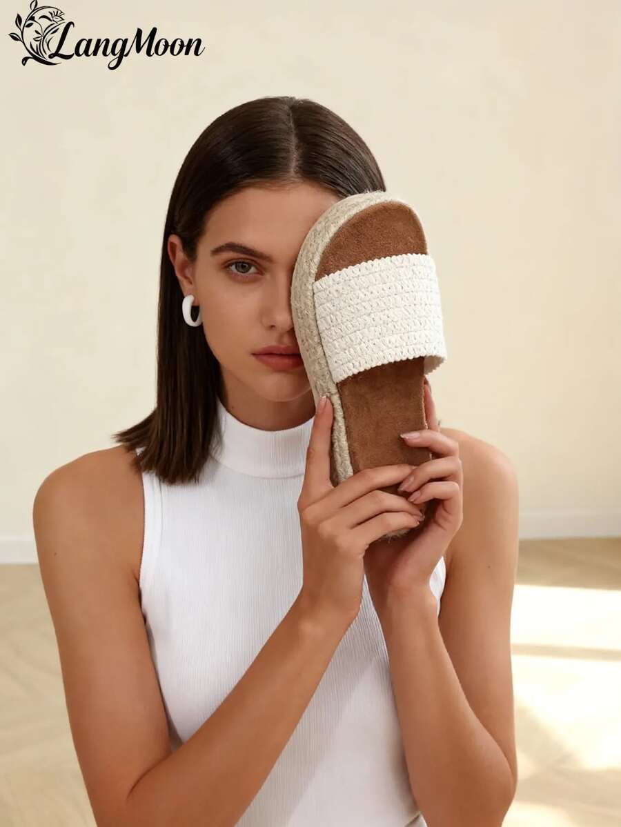 朗慕编织厚底草编拖鞋，柔软缓冲鞋底，防滑耐磨，增高显瘦，夏季休闲拖鞋 - 米白色 - 查看 1