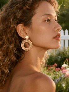 Yanxyad Handmade Raffia Rattan Earrings Bracelet Set For Women, Include 4 Pairs Bohemian Round Drop Dangle Hoop Earrings 3 Pcs Woven Straw Wicker Braid Cuff Bangle Bracelets For Summer Vacation Beach - Multicolor - View 13