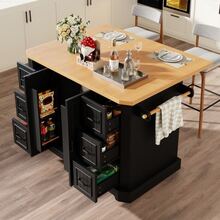 Mobile Kitchen Island Unit, Cabinet, Kitchen Trolley On Wheels, 2 Doors, 6 Drawers, Dimensions: 120x45 (75) X 91 Cm, White/Black - Black - View 8