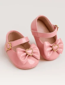 Baby Girl's Patent Leather Ballet Flats, Doll Style, Bow With Heart, Sizes 14 To 19. - 淺粉色 - 查看 5