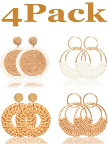 Yanxyad Handmade Raffia Rattan Earrings Bracelet Set For Women, Include 4 Pairs Bohemian Round Drop Dangle Hoop Earrings 3 Pcs Woven Straw Wicker Braid Cuff Bangle Bracelets For Summer Vacation Beach - Multicolor - View 11
