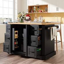 Mobile Kitchen Island Unit, Cabinet, Kitchen Trolley On Wheels, 2 Doors, 6 Drawers, Dimensions: 120x45 (75) X 91 Cm, White/Black - Black - View 6
