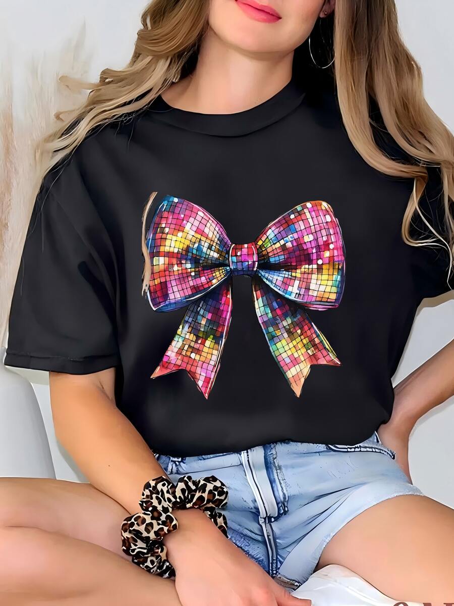 Disco Ball Coquette Bow Shirt, Teacher Disco Ball Shirt, Pink Bow Coquette Aesthetic, Glitter Sparkle Bow, Bachelorette Disco Camiseta - Negro - Ver 1