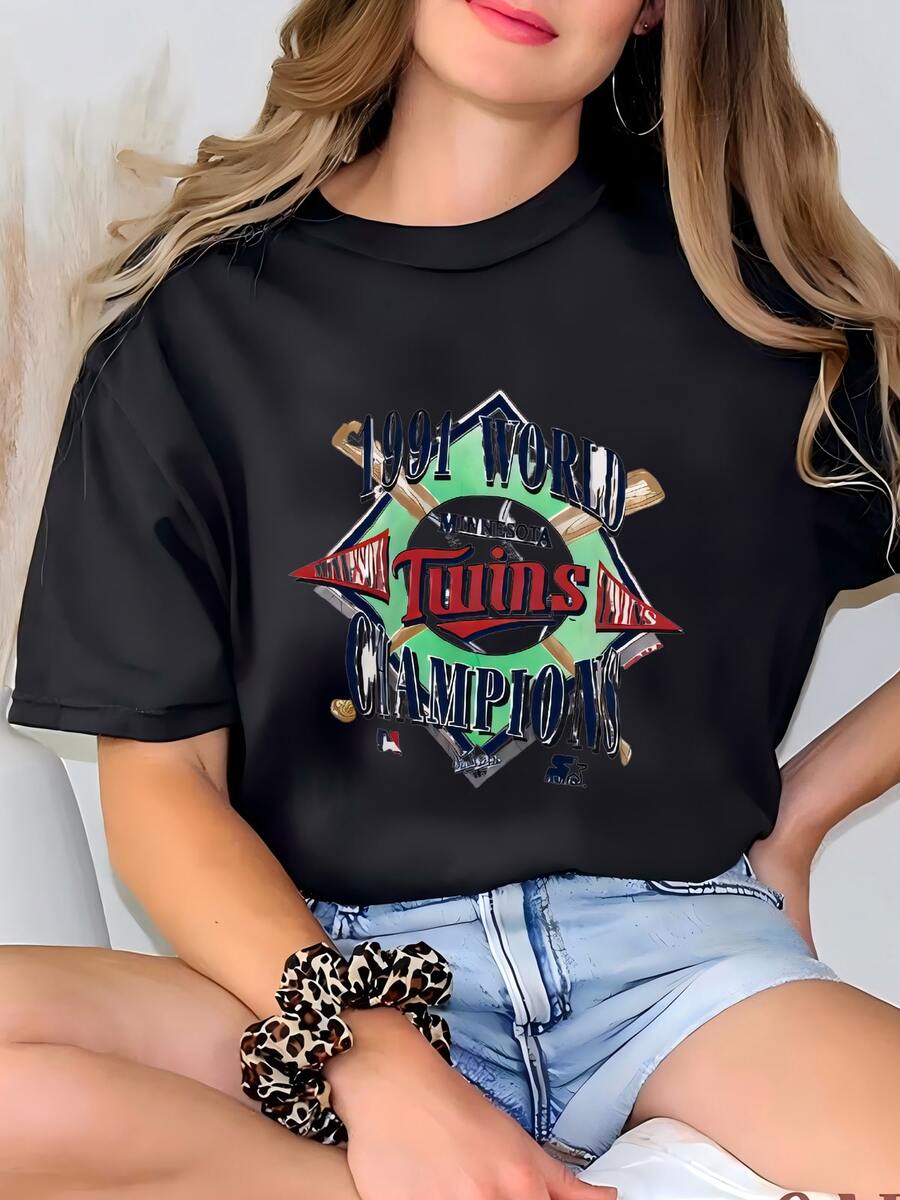 90s Minnesota 'gemelos' Camiseta De Cuello De Crewmans Imprimir Logotipo De Color Blanco Hombre Ajuste A M Camiseta - Negro - Ver 1