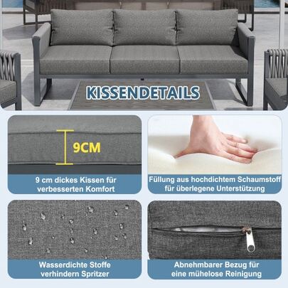 Garden Furniture Set, Outdoor Sofa, 5-Seater, Garden Leisure Set With Adjustable Chair Legs, Cushions And Rustproof Metal Frame For Balcony/Terrace, Grey