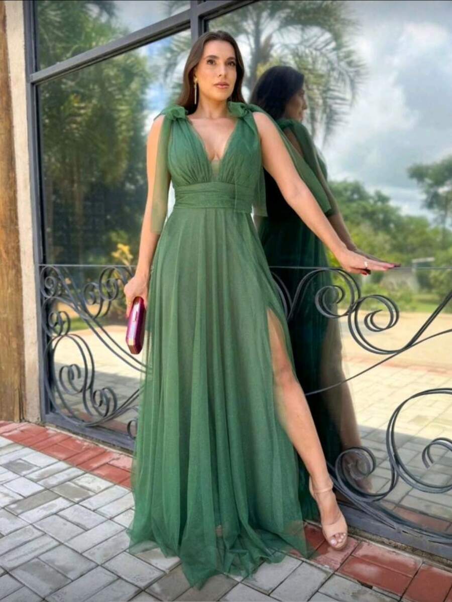 Women's Wedding Guest/Bridesmaid Dress In Glittery Tulle - Màu xanh Ô liu - Xem 1