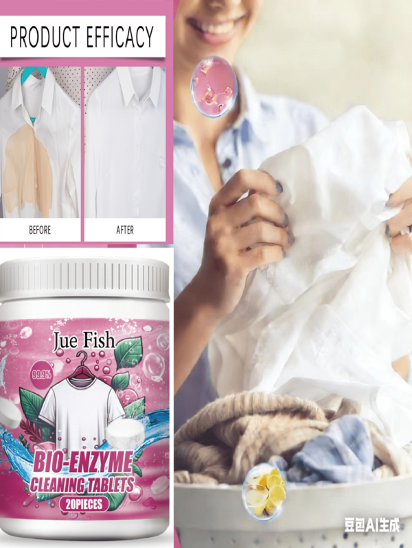 JUE FISH 衣物清洁泡腾片，生物酶爆破盐衣物去渍剂，香氛清洁片。快速去除各种油渍、汗渍和食物污渍，使衣物恢复洁净状态。采用高效去渍成分，可深入渗透织物纤维，有效去除各种顽固污渍。保持衣物亮丽色彩，延长衣物使用寿命。