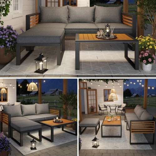 Ensemble de loisirs de jardin, ensemble de canapé de jardin pour 3 - 4 personnes, ensemble de canapé d'extérieur moderne, ensemble de meubles de jardin en fer galvanisé, meubles de loisirs, ensemble de balcon, jardin et terrasse - Gris - Voir 1