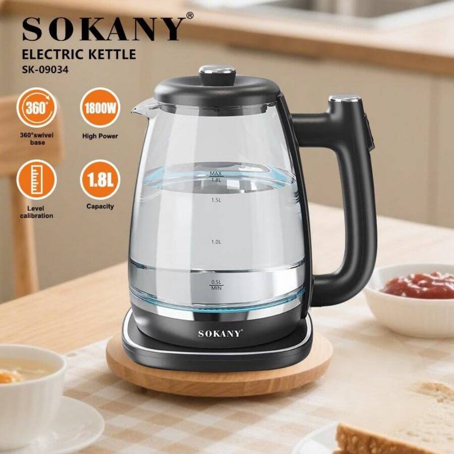 SOKANY 09034 1.8L Electric Kettle, 1800W Fast Boiling, 360° Rotatable Base, Auto Shut-Off, Simple Operation, Metal Rim, Ergonomic Handle, Easy Cleaning, Suitable For Tea And Coffee - EU E Type Plug(220-240V) - View 1