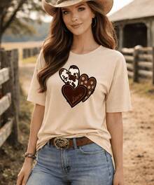 T-Shirt Camiseta Feminina Estampada Moda Country Estampas Variadas Camisa Marrom em 100% Algodão - Caqui - Visão 2