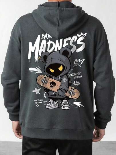 Men's Casual Fashion Street Extreme Sports Cartoon Print Kangaroo Pocket Drawstring Loose Hoodie Sweatshirt, Autumn/Winter