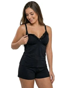 Baby Doll Amamentação Confortável de Abotoar Abre Fácil Para Saída de Maternidade - Preto - Visão 2