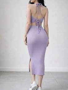 Conjunto de 2 piezas, top halter de punto, espalda descubierta, tirantes ajustables y falda con abertura en la pierna, vestido de punto Casual ajustado espalda descubierta con Strech para Mujer - Lila Púrpura - Ver 2