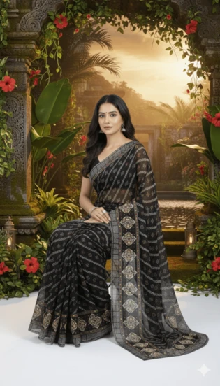 Estationeryhouse Georgette Printed Bandhini Saree- No Blouse Included