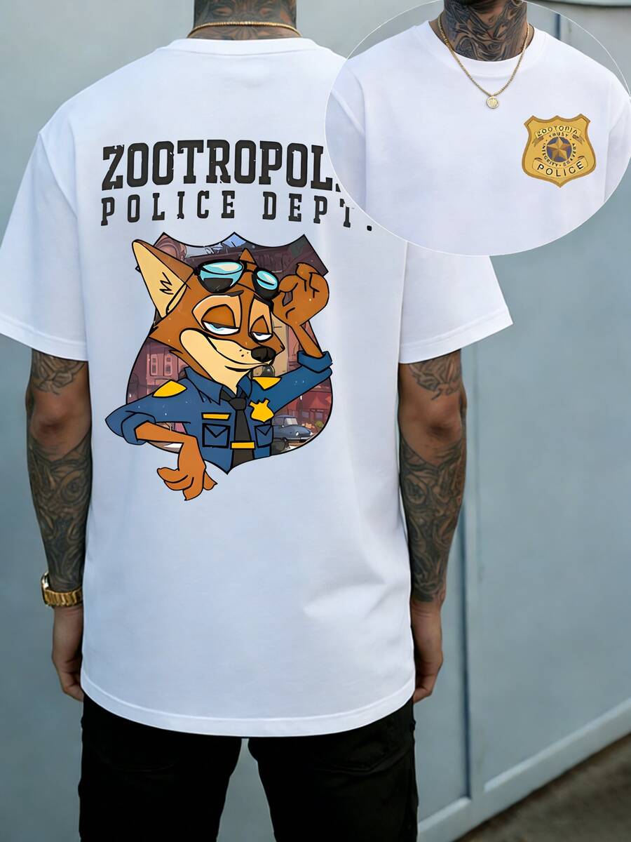 [Officially Licensed By Disney] Men's Spring/Summer Street Casual Sports T-Shirt, Short-Sleeve, Zootopia Nick Wilde Department Theme Print, Crew Neck Top, Breathable Material Suitable For Parties - Unisex, Everyday Fashion, Party Attire, Travel T-Shirt, Lightweight Fabric, Creative Design, Perfect For Pop Culture Lovers - White - View 1
