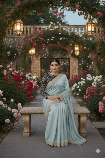 Estationeryhouse Chiffon Crepe Saree With Heavy Embroidery On Long Sleeve Blouse, Gold Stone And Sequence Work On Border